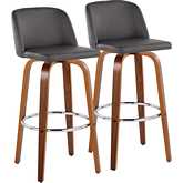 Toriano 30" Swivel Bar Stool in Walnut Wood & Grey Leatherette with Chrome Footrest (Set of 2)